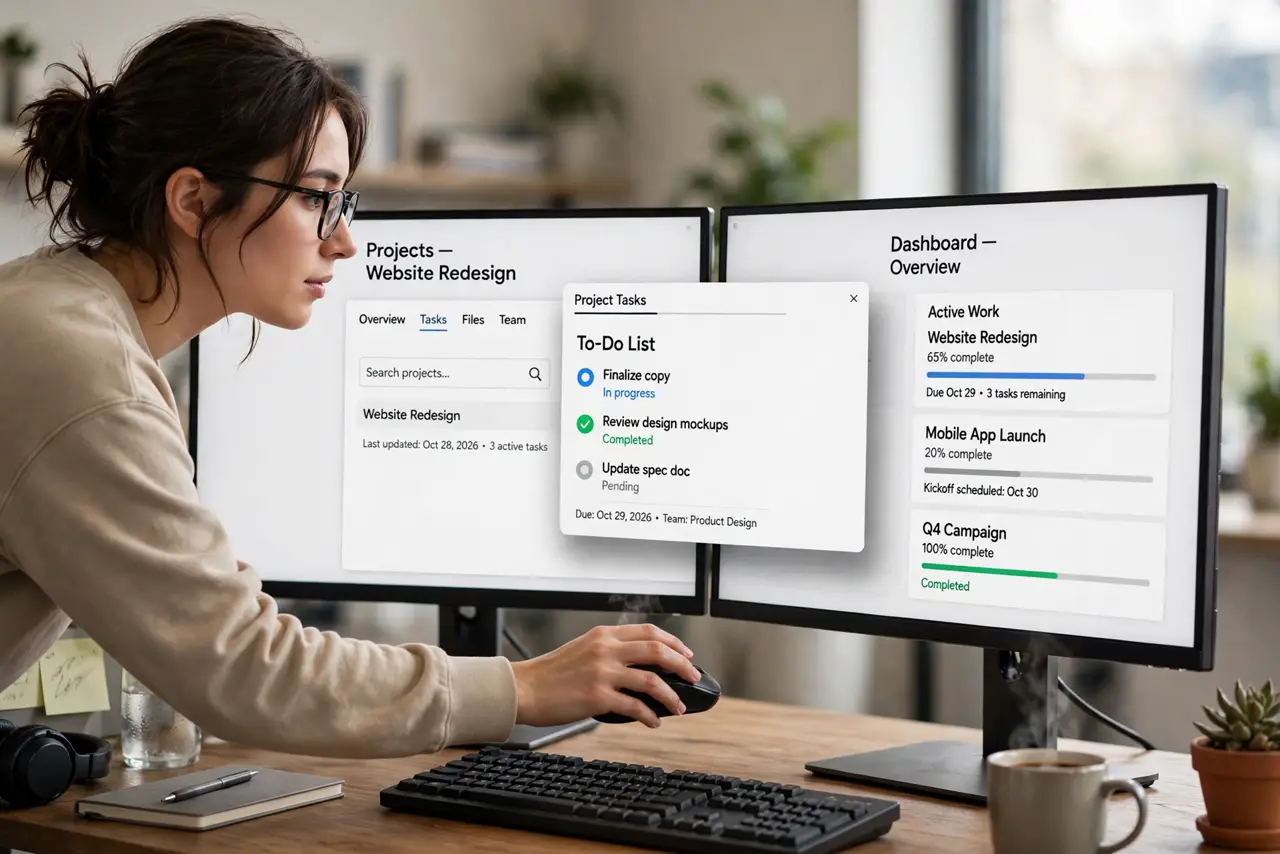 A woman dragging an app window from one real monitor to another on a two-monitor Windows desk setup.