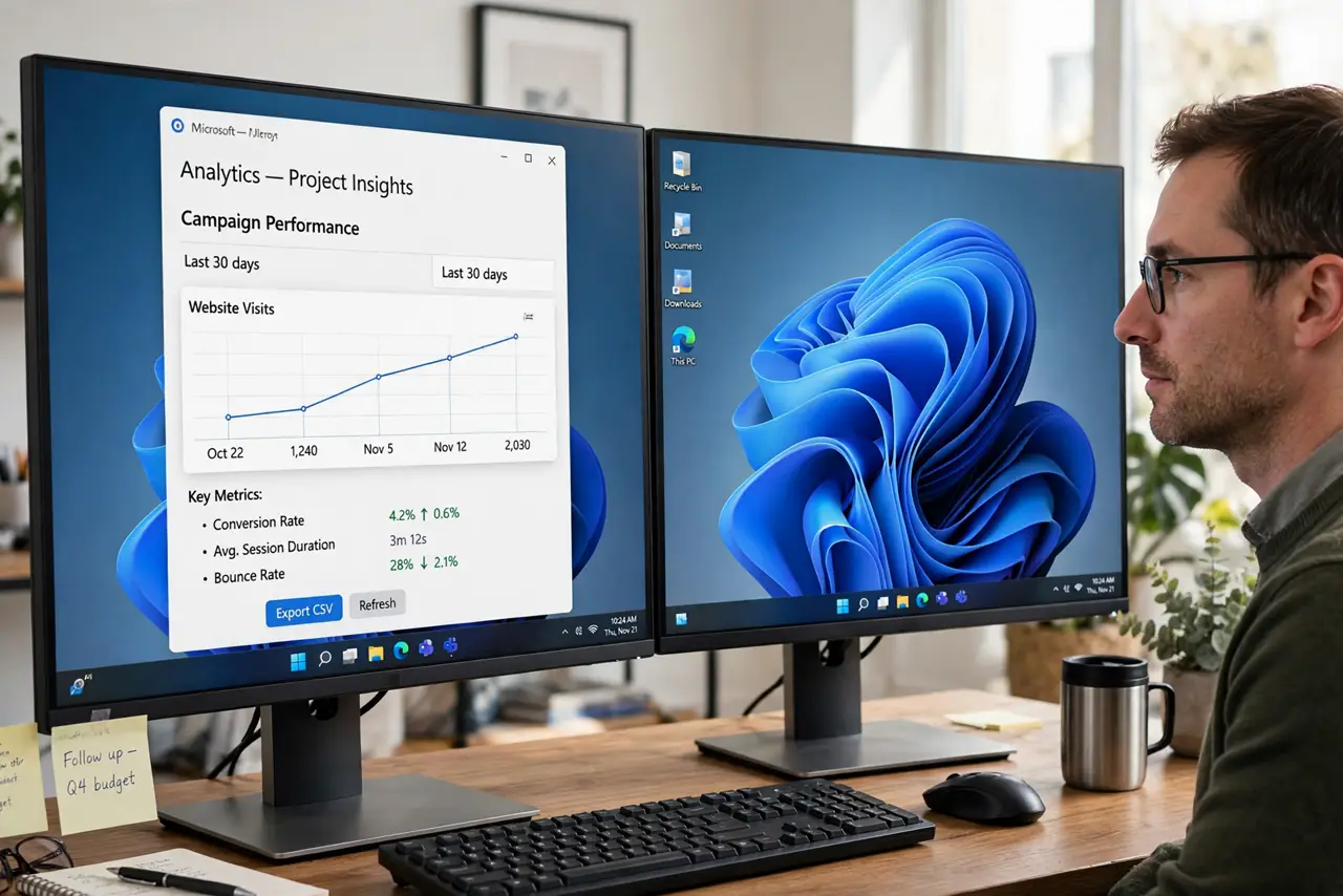 A calm man at a desk with two real monitors, both showing Windows 11, an app window open on the main monitor and the Windows desktop on the second.