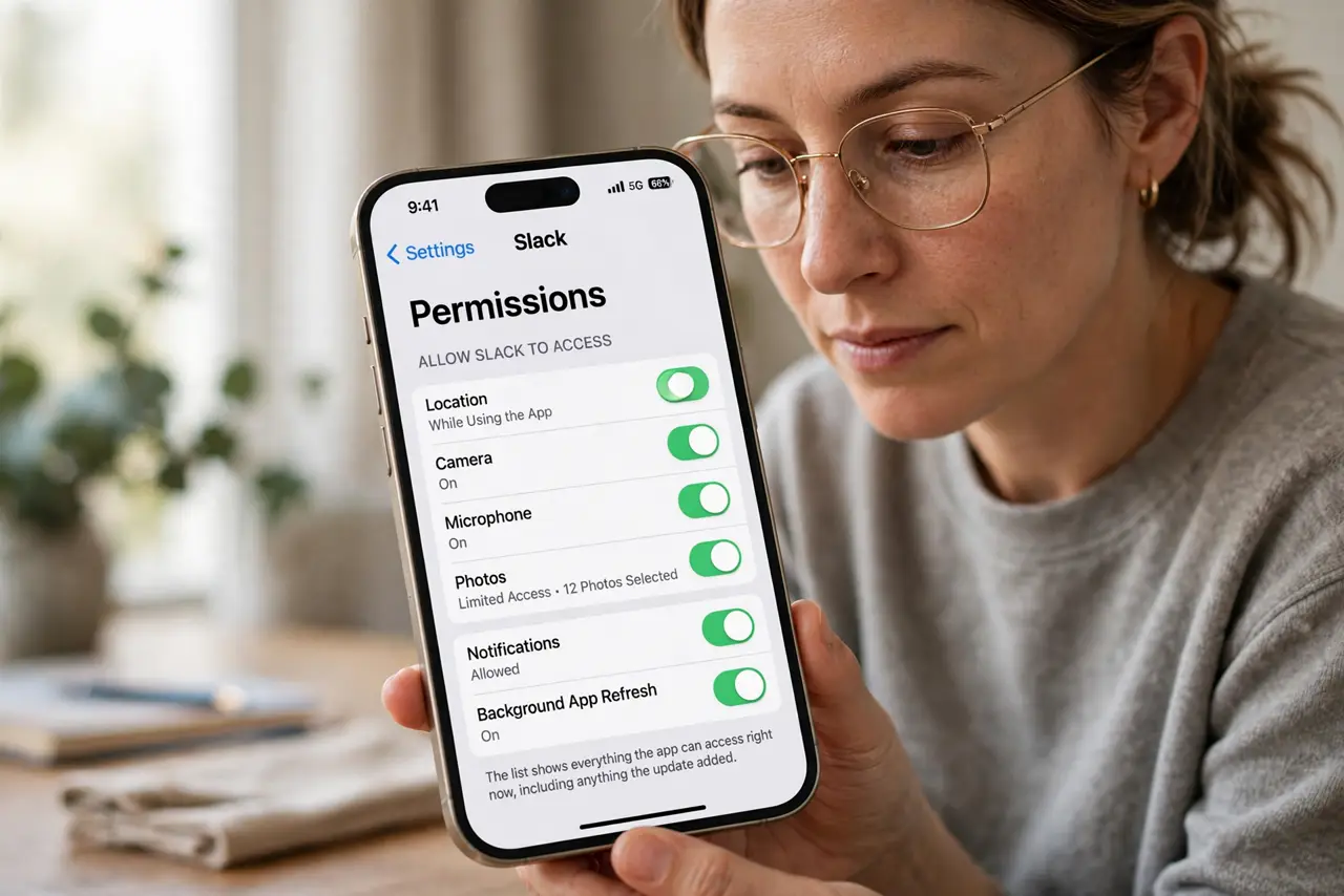 A person performing step 1 of the guide: Open the app's permission list. Find the app in your phone's settings and open its permissions. The list shows everything the app can...