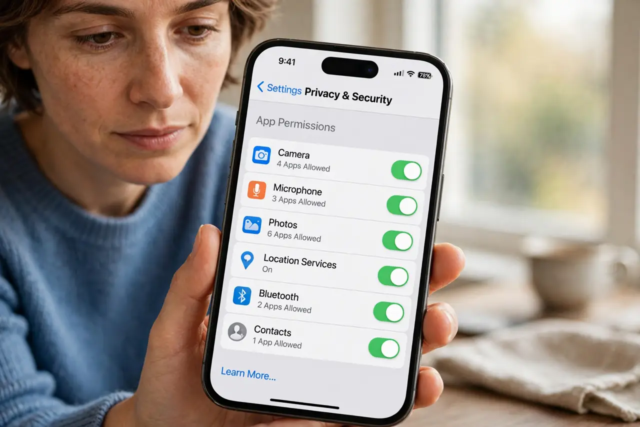 a calm adult holding a real iPhone showing the normal app permissions settings screen with toggles and legible text, the person reviewing them