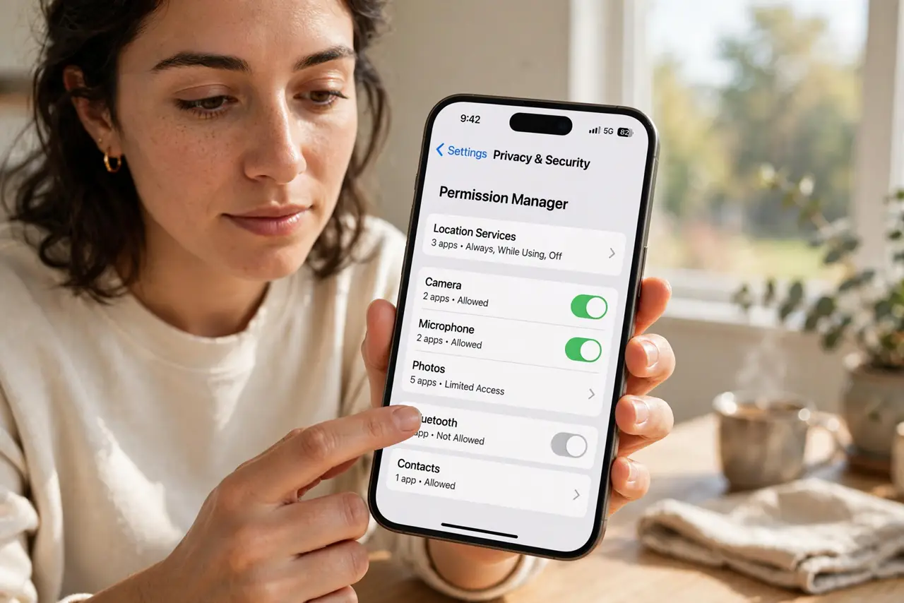A person calmly performing the guide's first step: Open the permission manager.