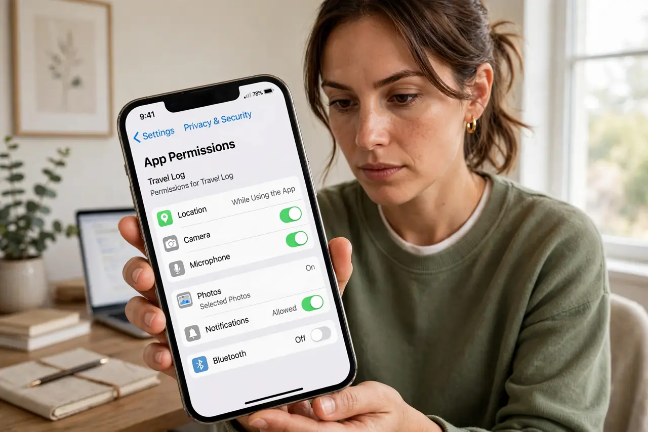 a person reviewing app permissions on a real phone showing a legible permissions list, the person's face determined, home office. No black screen, no blank white screen, no fake or.