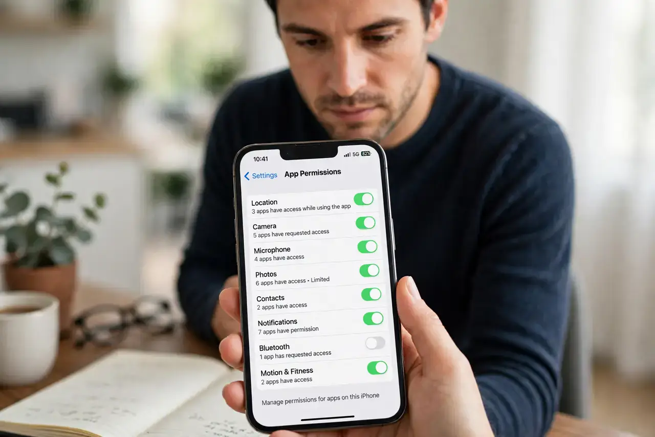Audit Your App Permissions Yearly — a focused adult at a desk holding a real iPhone, the phone screen showing the app permissions settings list wi