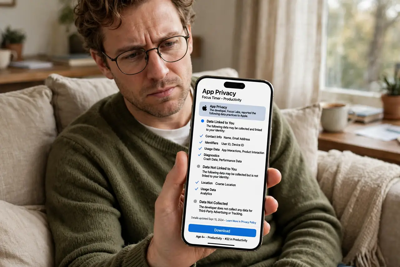 a person reading a real App Store privacy label with legible data collection sections before installing, the person's face skeptical and smart, couch.