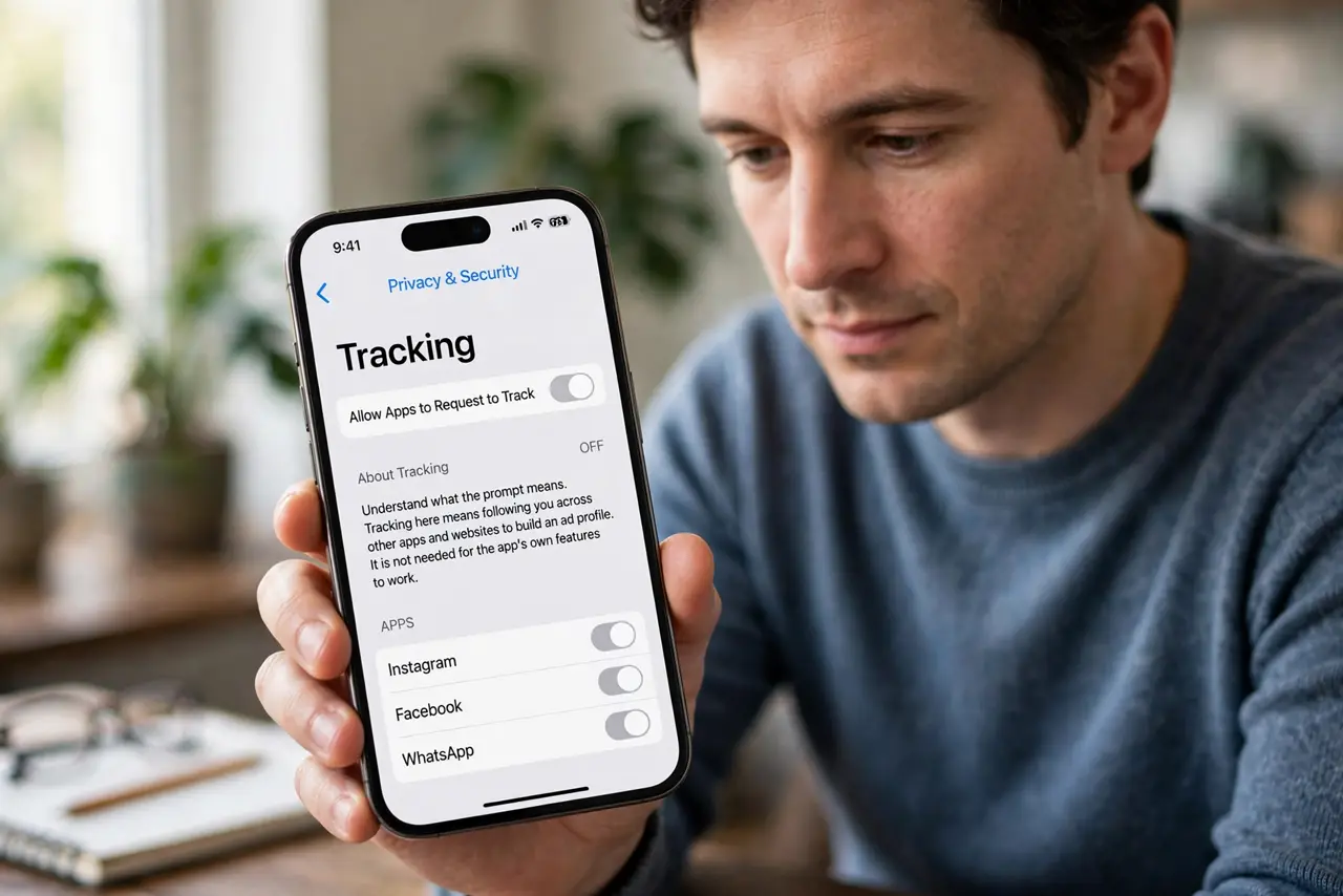 A person performing step 1 of the guide: Understand what the prompt means. Tracking here means following you across other apps and websites to build an ad profile. It is not...