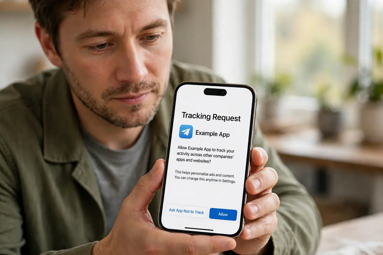 a calm adult holding a real iPhone showing a normal app tracking permission prompt with legible text, the person reading it carefully before choosing