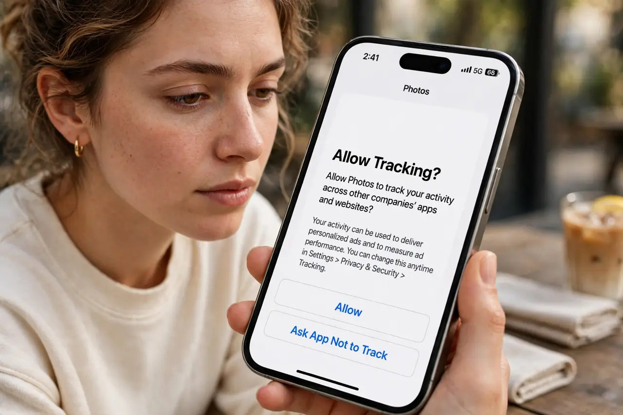 'Ask App Not to Track' — an iPhone user looking at a real iPhone showing the 'Allow tracking' permission prompt, the prompt text fully