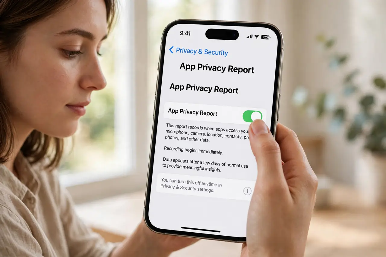 A person performing the first step of the guide: Turn it on. iPhone: Settings > Privacy & Security > App Privacy Report > Turn On. It starts recording.