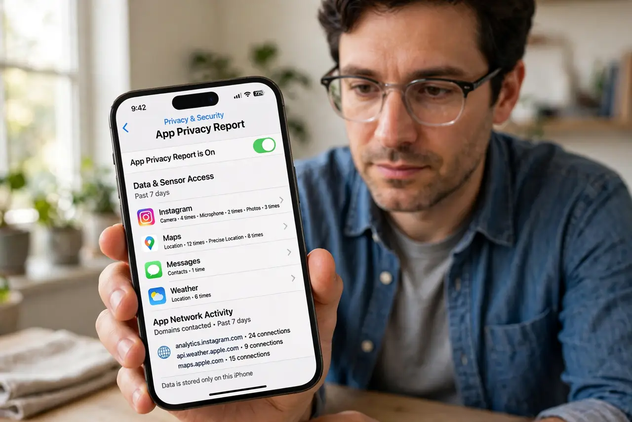 A person reviewing the real App Privacy Report on a real iPhone with legible app access entries, the person's face focused, indoors. No black screen.