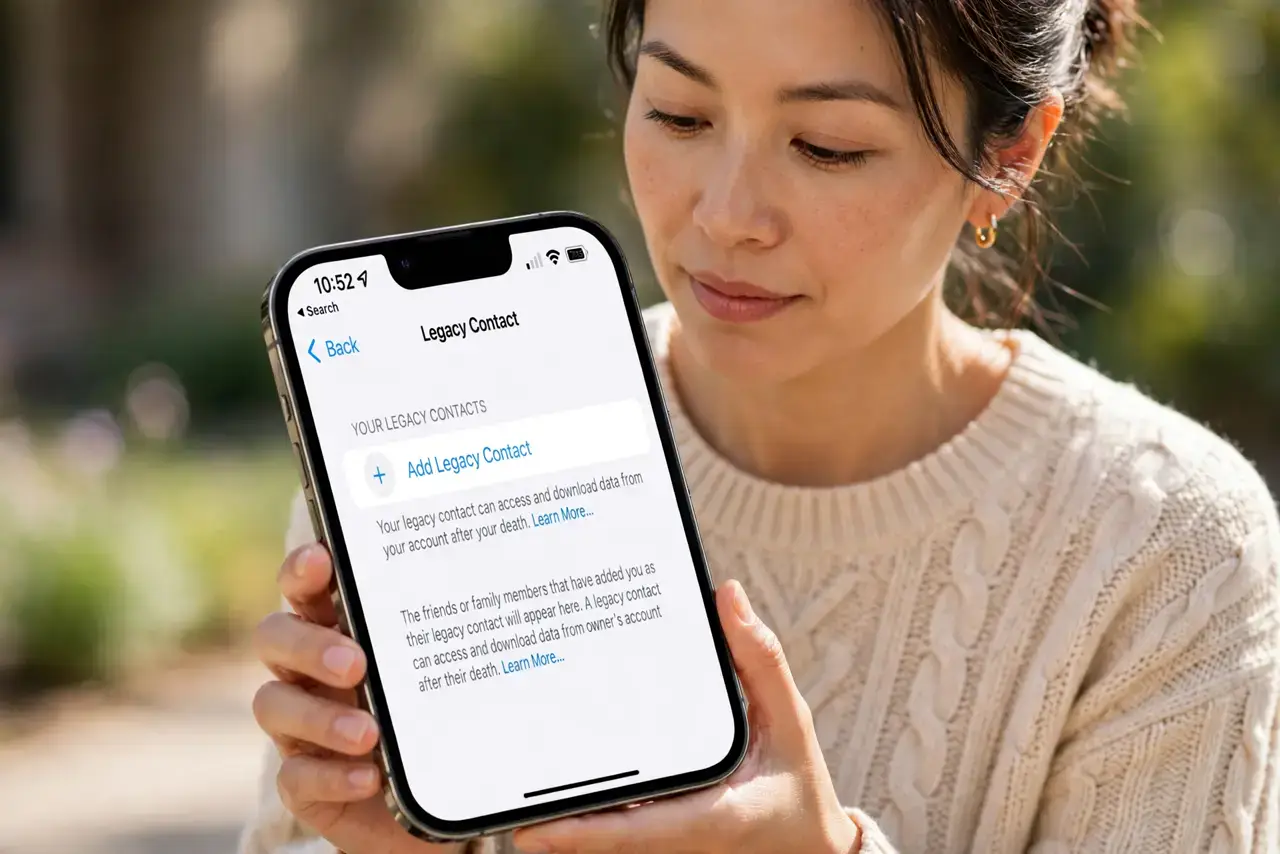 Set Up Apple's Legacy Contact — a caring adult holding a real iPhone showing the Apple ID Legacy Contact settings screen with fully legible te