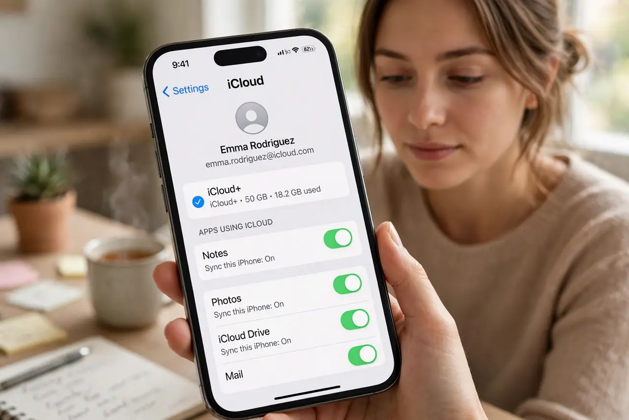 Photoreal photo of a person performing the first step: Check iCloud sync is on. Notes sync through iCloud — verify in Settings > [your name] > iCloud that Notes is enabled on every device. Notes stuck 'On ...