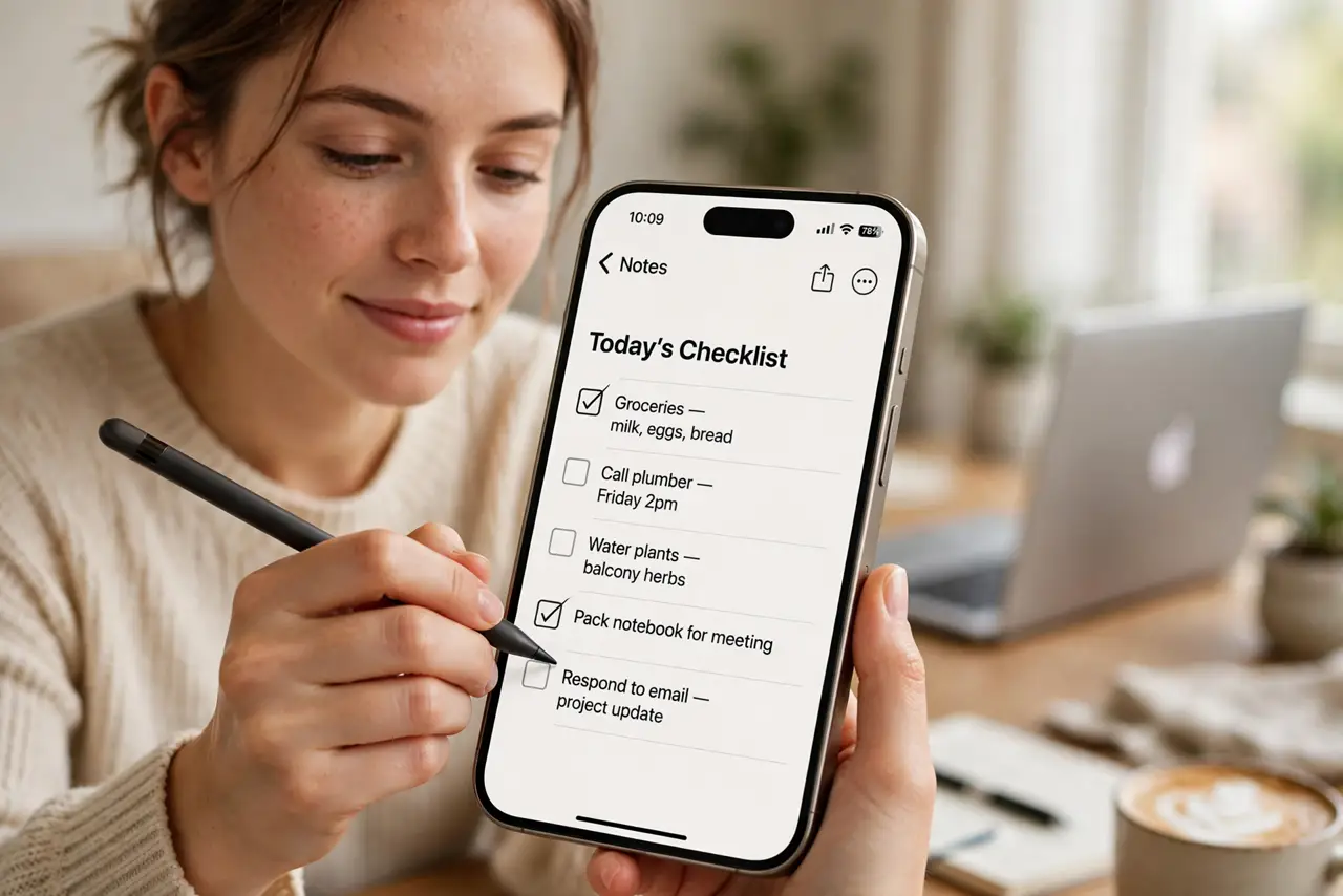 Photoreal photo: a person writing a checklist on a real iPhone showing the Notes app with legible text and checkboxes, a Mac blurred in the background, the person's face calm, home desk. No black screen, no blank white s
