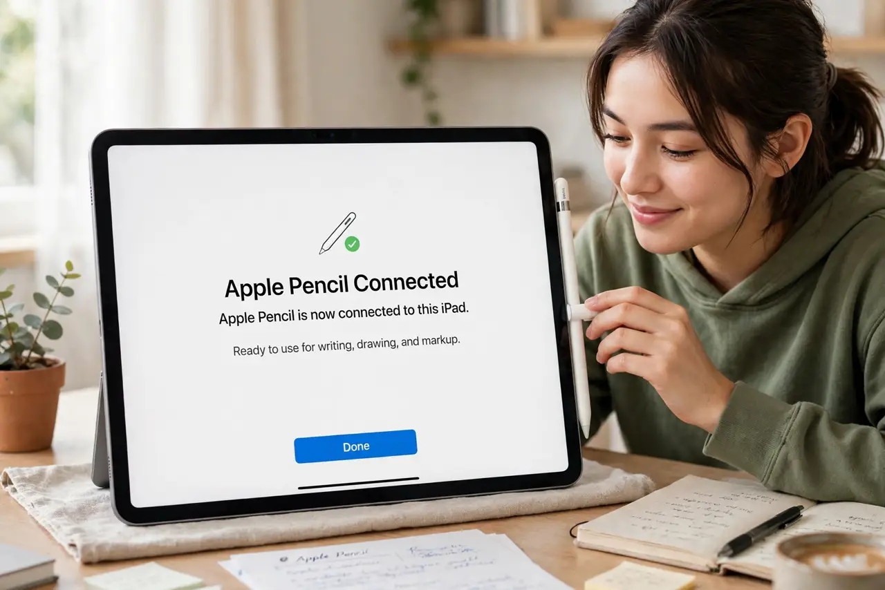a person attaching a real Apple Pencil magnetically to the side of a real iPad, the iPad screen showing a legible pairing prompt, the person's face relieved,...