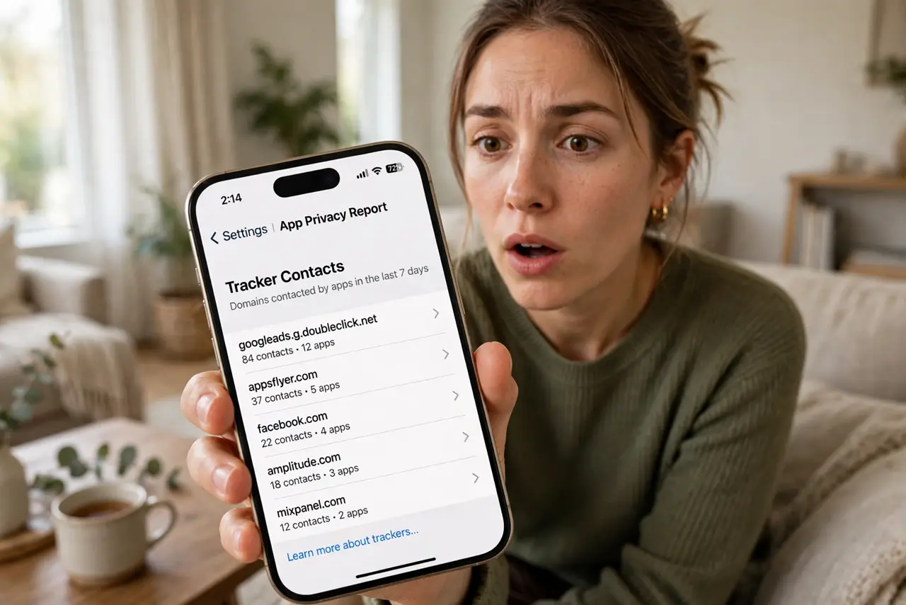 a person reviewing the real App Privacy Report on an iPhone showing a legible list of tracker contacts, the person's face surprised then determined, living room.