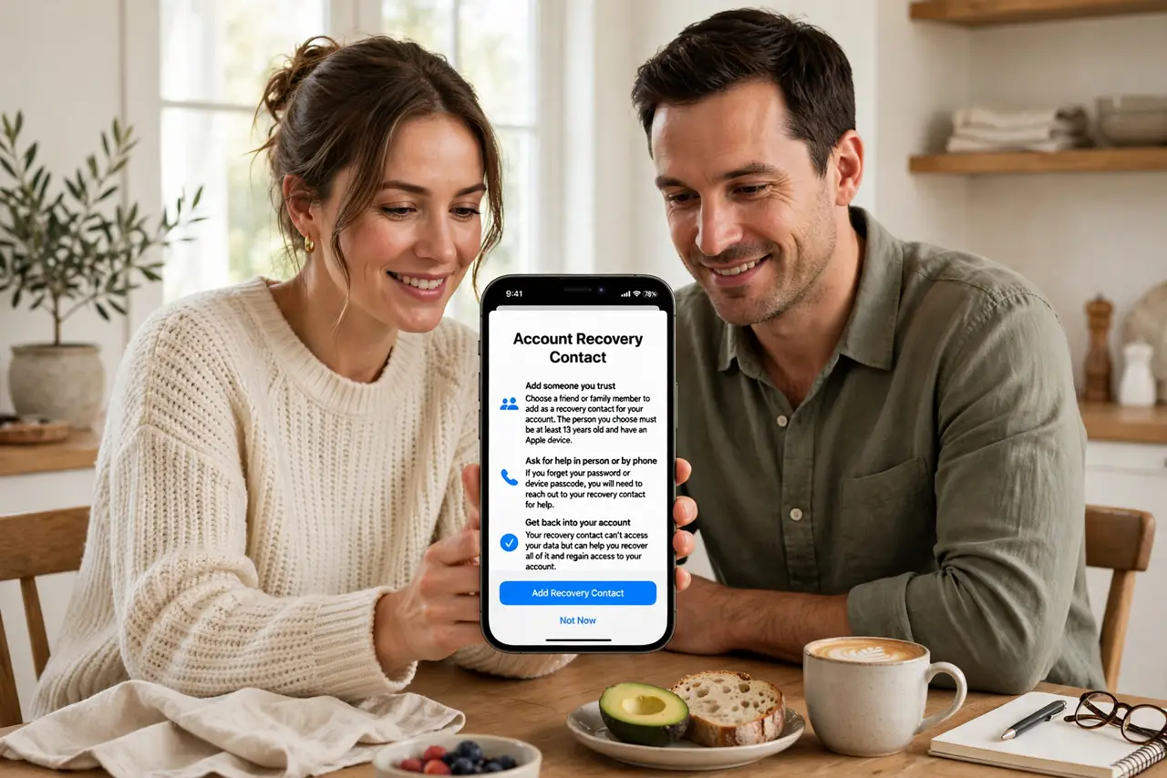 two people sitting together at a table, one showing a real iPhone with the recovery contact setup screen legible, both faces warm and trusting, bright home setting.