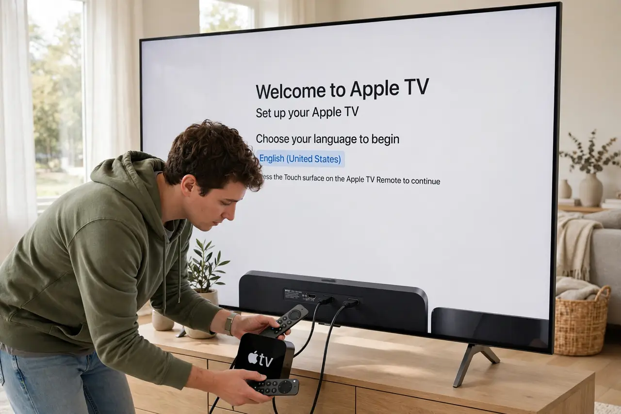 Photoreal photo of a person performing the first step: Connect HDMI and power. Plug into the TV's HDMI port and connect power. Switch the TV to that i