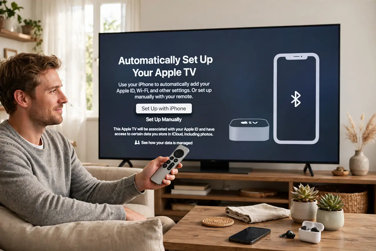 Photoreal photo: a person holding a real Apple TV remote pointed at a real TV showing the Apple TV setup screen with legible text, an iPhone on the coffee table beside, the person's face relaxed, living room. No black screen, no blank