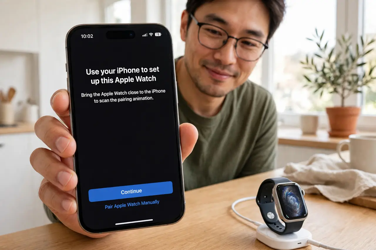a person holding a real iPhone near a real Apple Watch on its charger, the watch showing the pairing animation legibly, the person's face pleased, bright room.