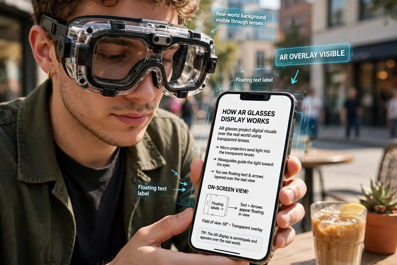 Photoreal photo of a person performing the first step: Learn what AR glasses actually display. Transparent lenses project images — text, arrows, si...