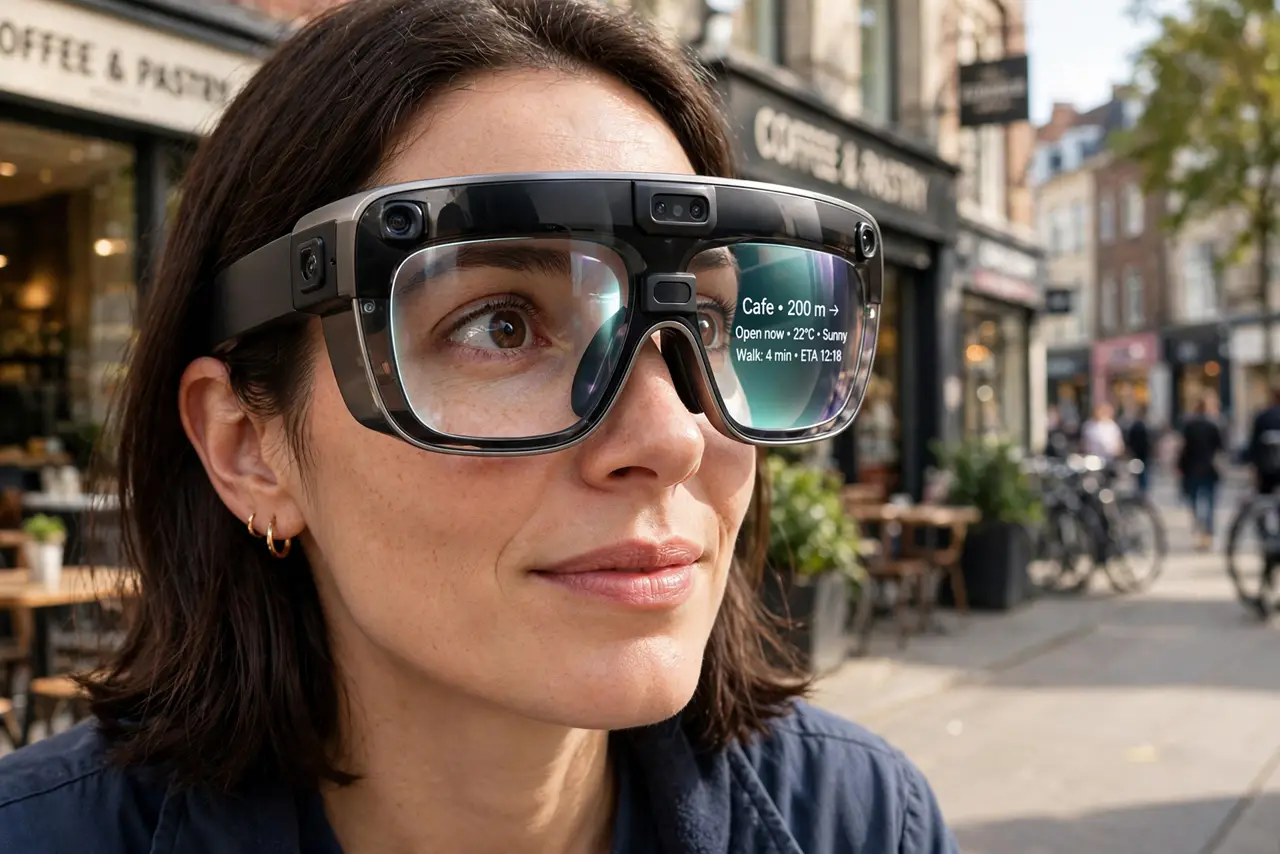 Photoreal photo: a person wearing real AR glasses with a subtle visible display glow, looking at a city street, the person's face curious and slightly amazed, daylight urban setting. No black screen, no blank white...