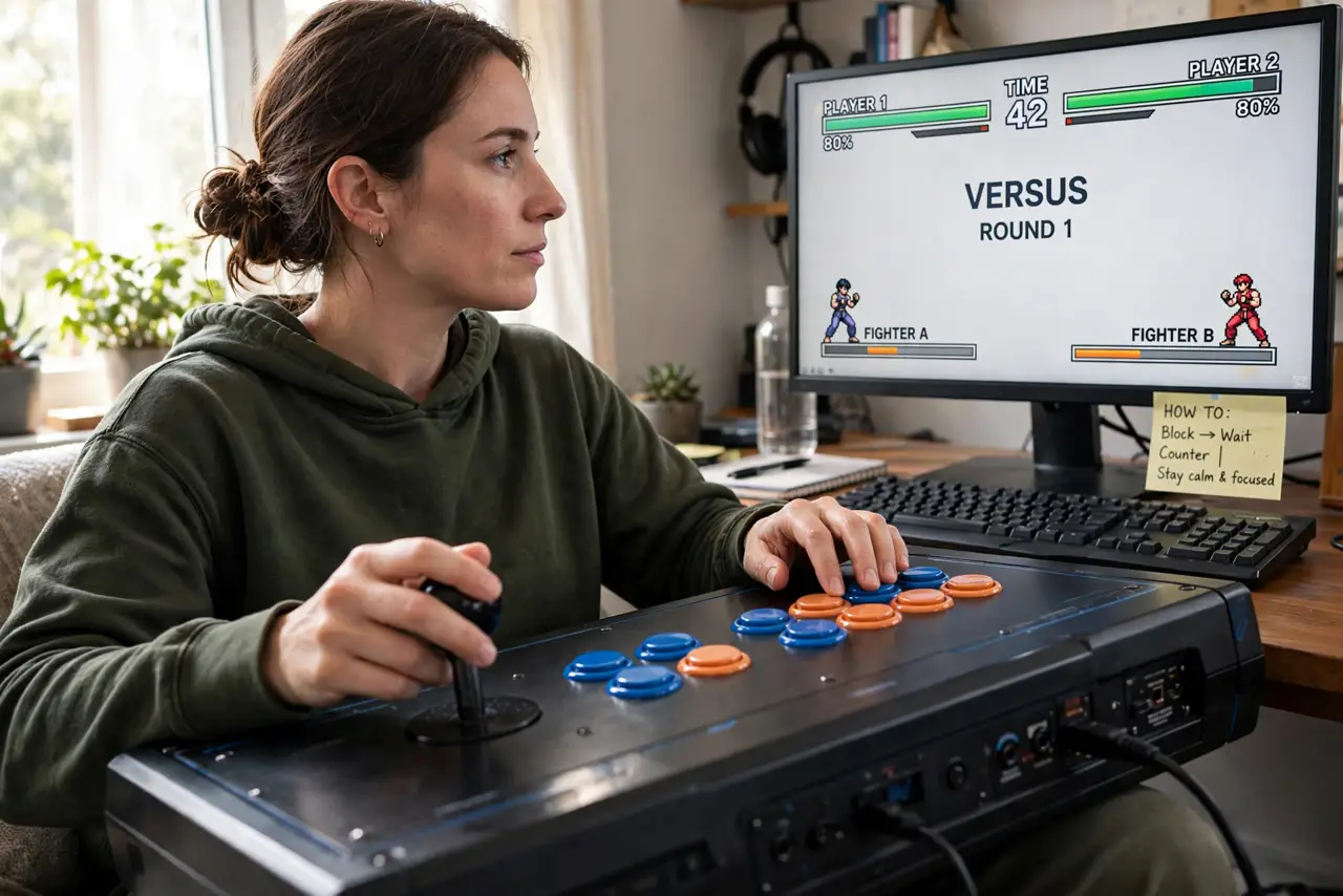 a person playing a fighting game with a real arcade stick on their lap, the game screen showing a legible versus match, the person's hands on the joystick an...