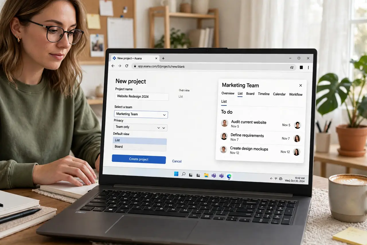 Photoreal photo of a person performing the first step: Create one project for real work. Sign up and create a project named after actual work — 'Websi