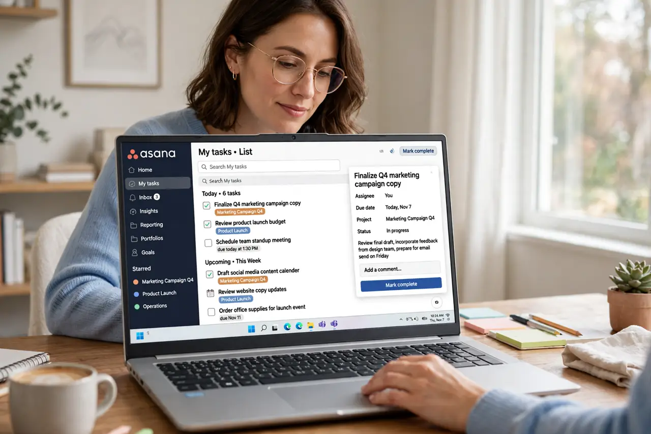 Photoreal photo: a person organizing tasks on a real laptop showing the Asana interface with a legible project task list, the person's face calm and organized, bright home office. No black screen, no blank white screen, no fake or gar