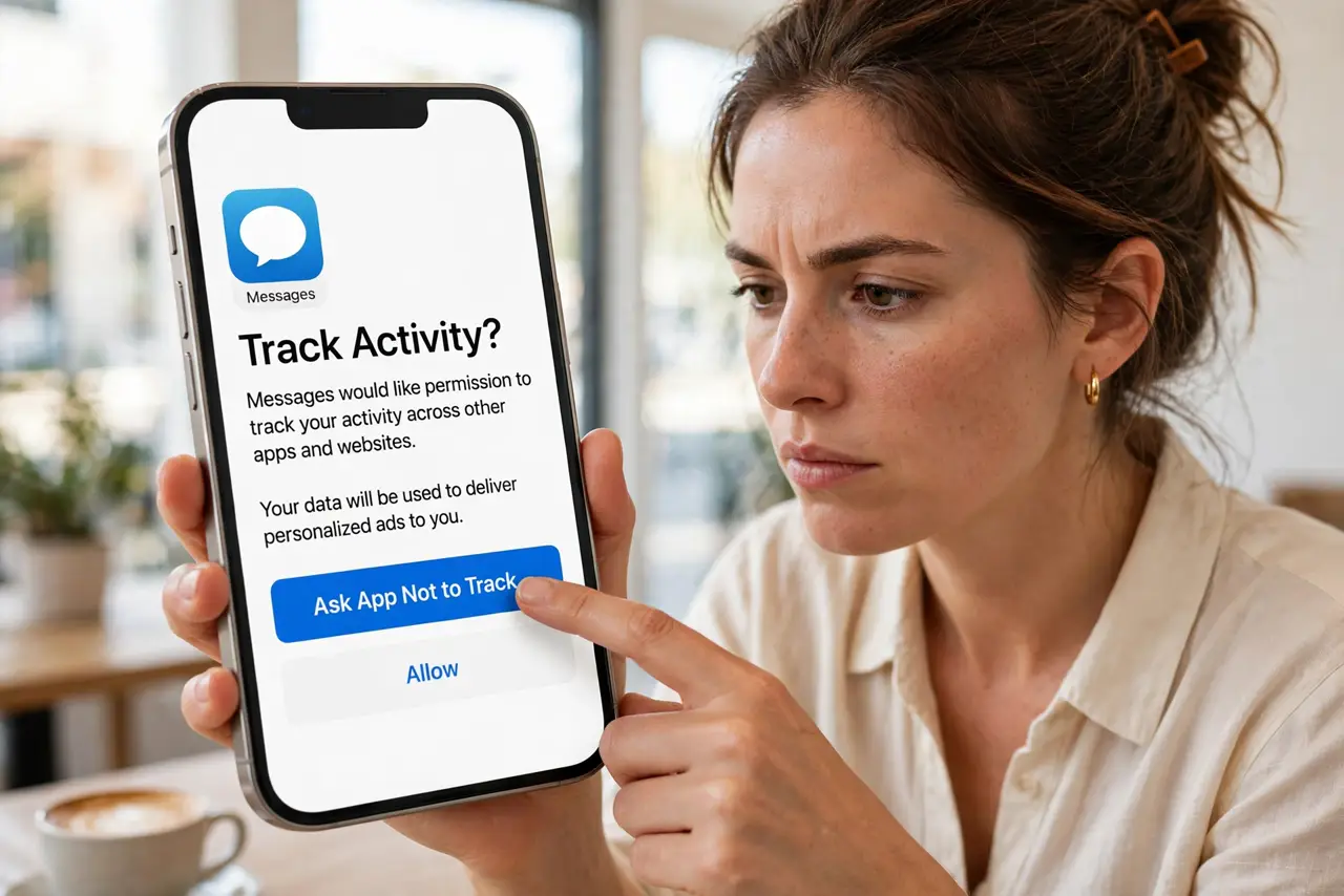 a person tapping 'Ask App Not to Track' on a real iPhone prompt, the prompt legible, the person's face decisive, bright room. No black screen, no blank white screen, no fake or gar.