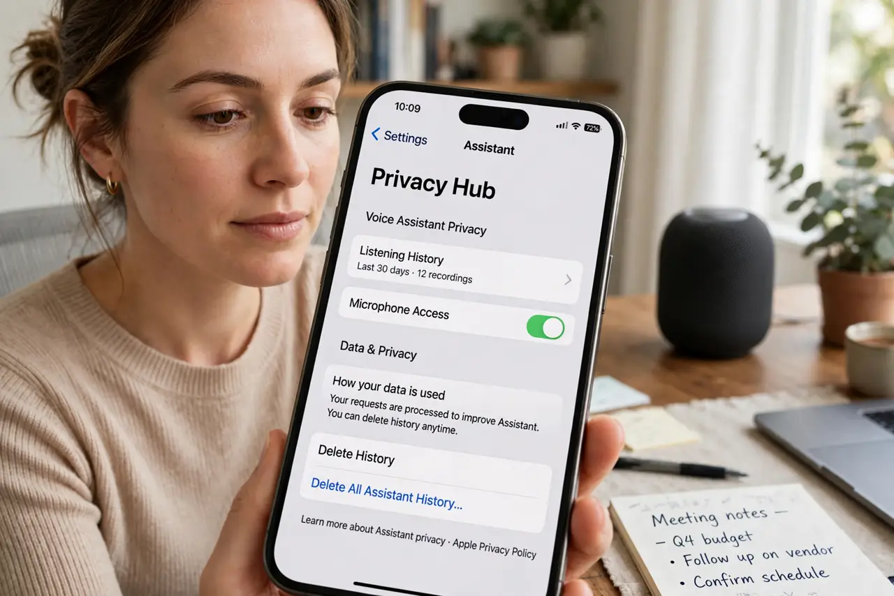 A person performing the first step: Find your assistant's privacy hub. Alexa app > Alexa Privacy; Google Home app >.