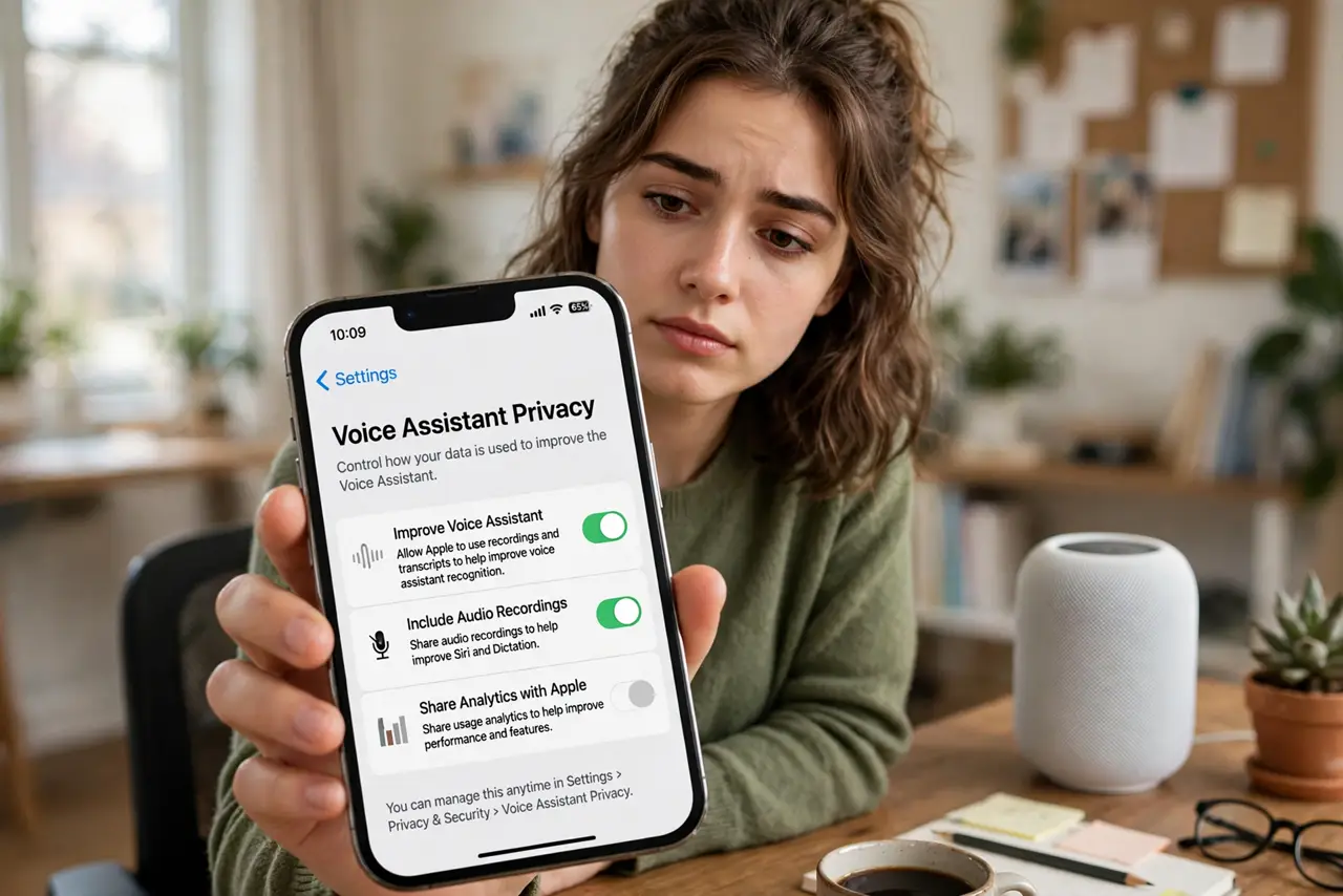 A person holding a real phone showing a voice assistant privacy screen with legible options, a smart speaker on the