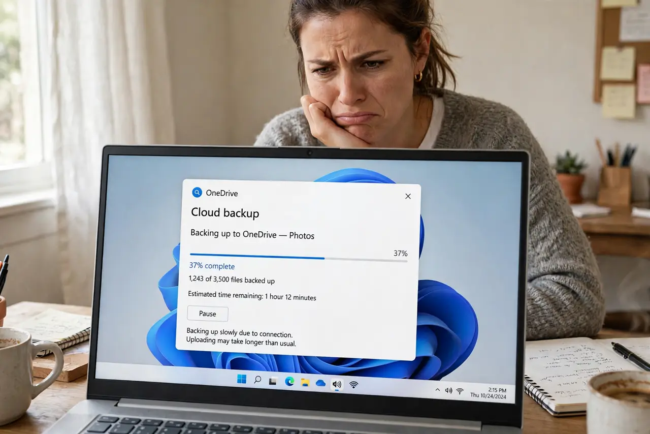 a person watching a real laptop showing a slow cloud backup progress bar with legible percentages, the person's face impatient, home office. No black screen, no blank white screen,.