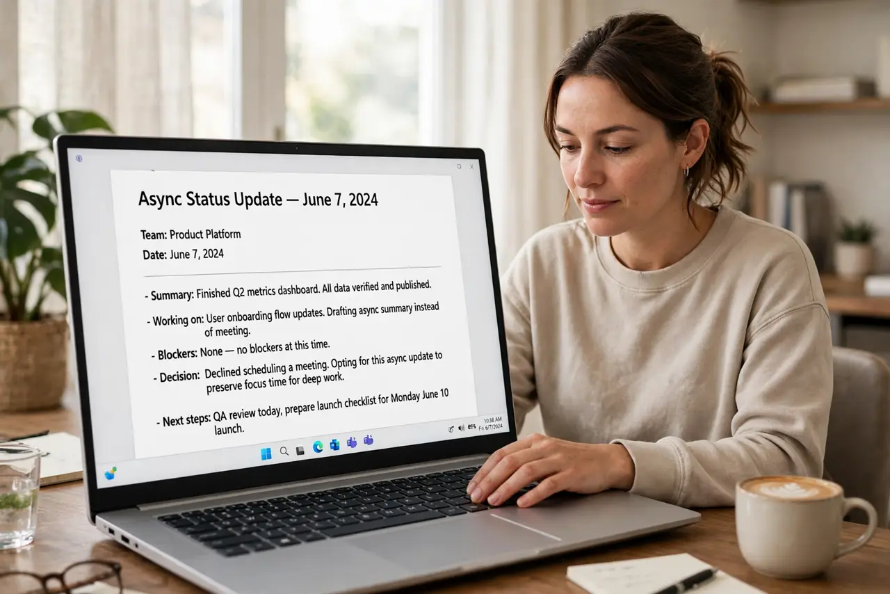 Photoreal photo of a person performing the first step: Make writing the default, not the fallback. Before scheduling anything, ask: could this be a...