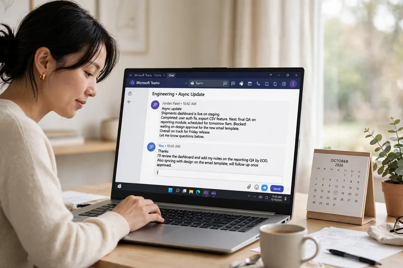 Photoreal photo: a person writing in a real team chat thread on a real laptop with a thoughtful async update visible and legible on screen, a calm empty calendar beside it, the person's face focused, home office da...