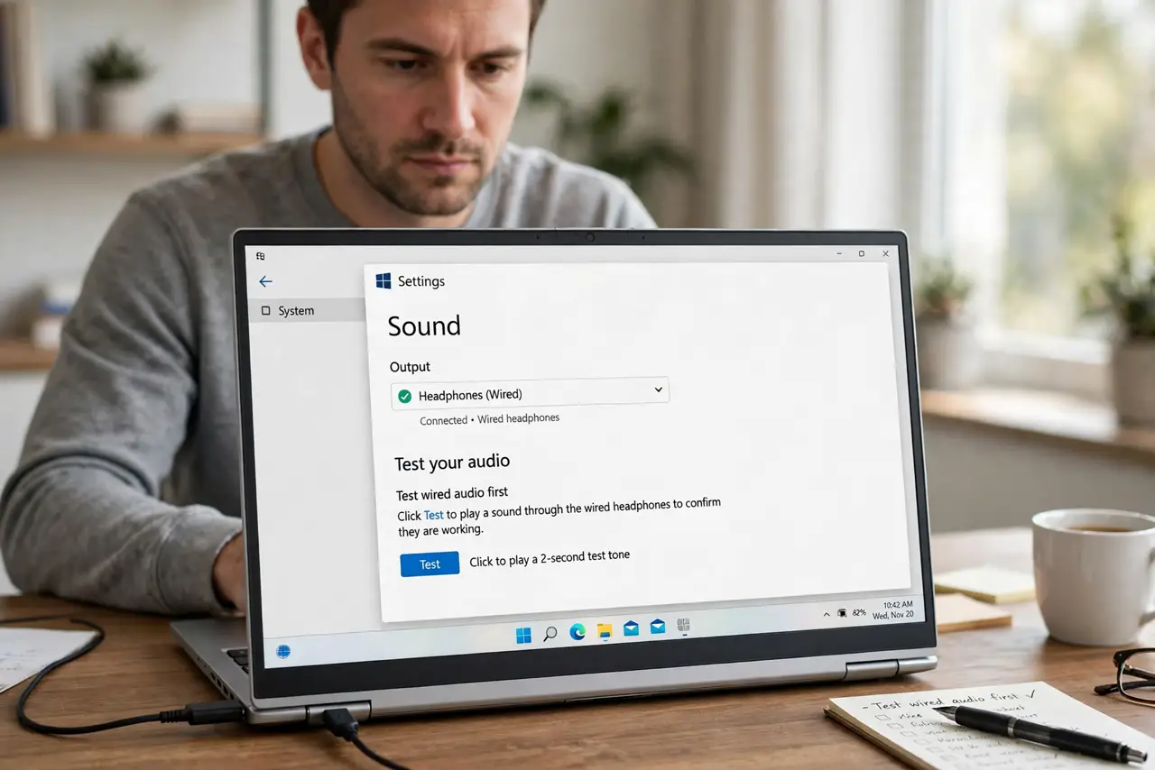 A person performing the first step: Test wired audio first.