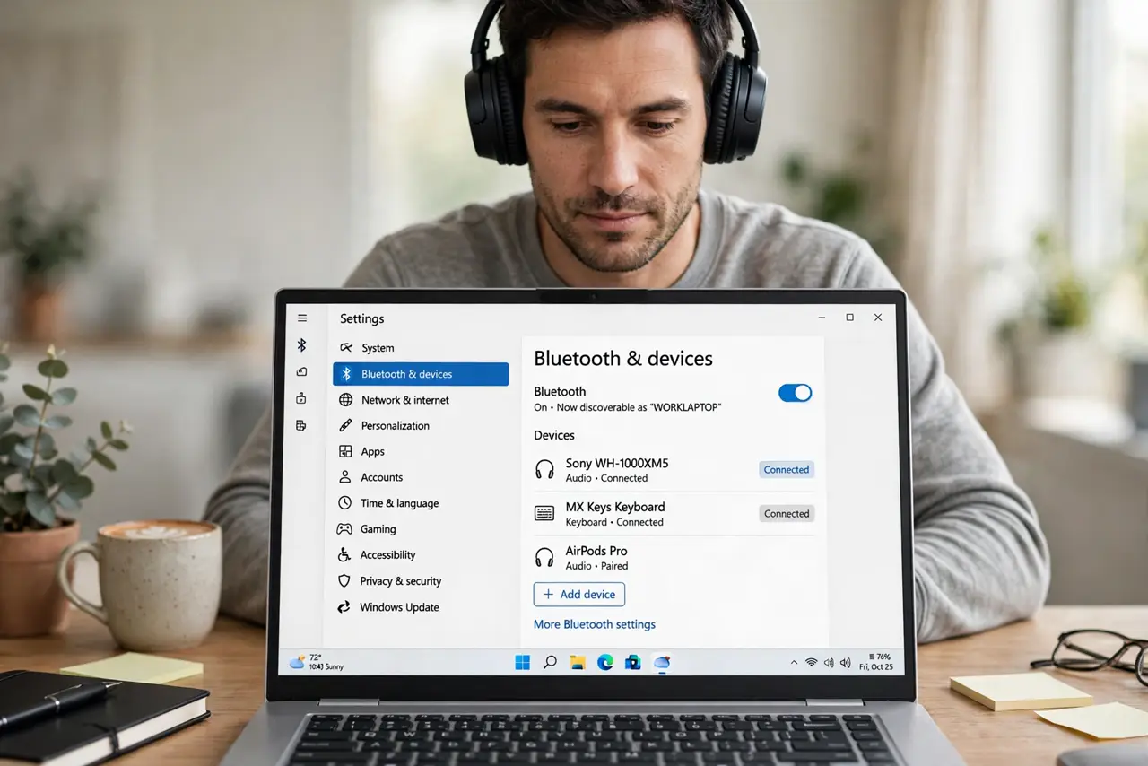a calm adult wearing real Bluetooth headphones at a desk with a real Windows laptop, the Windows Bluetooth settings screen clearly visible and legible on the real laptop screen.
