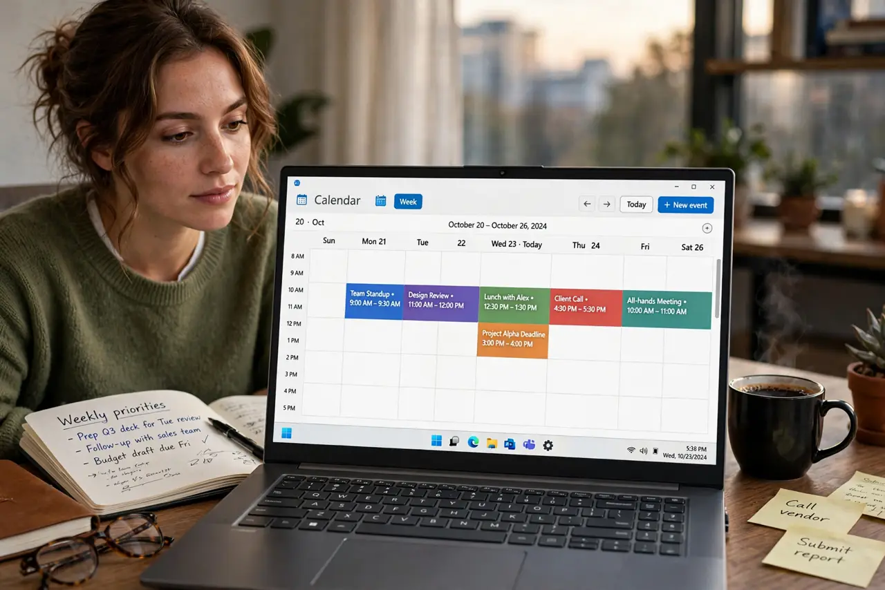A person at a desk reviewing a real calendar app on a laptop showing a week view with color-coded events legible, a notebook beside them, the person's face.