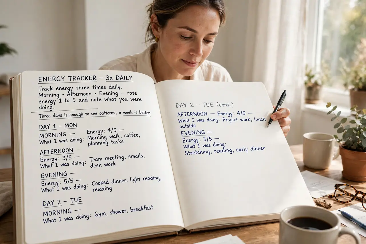 A person performing step 1: Track energy three times daily. Morning, afternoon, evening — rate energy 1 to 5 and note what you were doing.