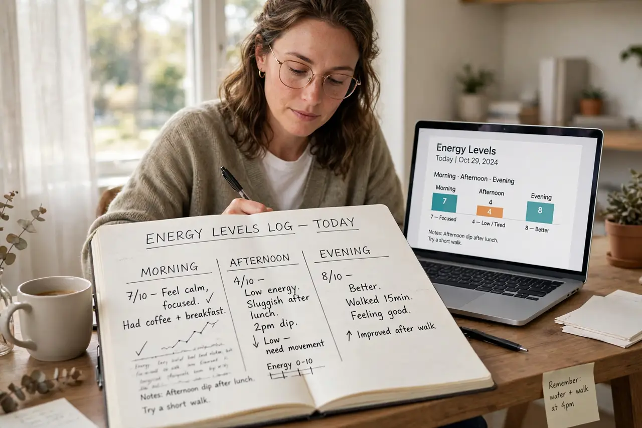 A person in the afternoon jotting energy levels in a real notebook next to a laptop, a simple morning-afternoon-evening chart visible, the person's face thoughtful, home office.