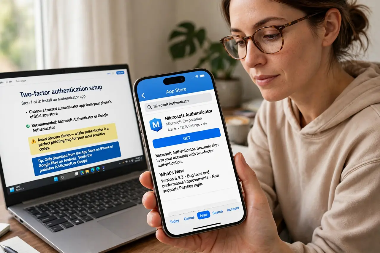 A person performing the first step of the guide: Install a reputable authenticator app. Pick a well-known one from your phone's official app store. Avoid.