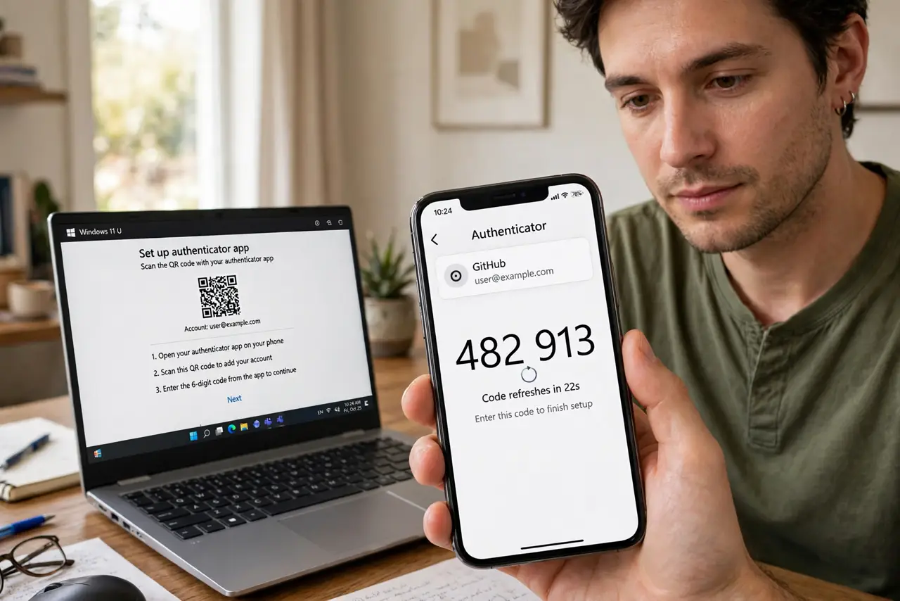 A person holding a real iPhone showing an authenticator app with a six-digit code clearly legible on screen, a laptop showing a QR code setup page.