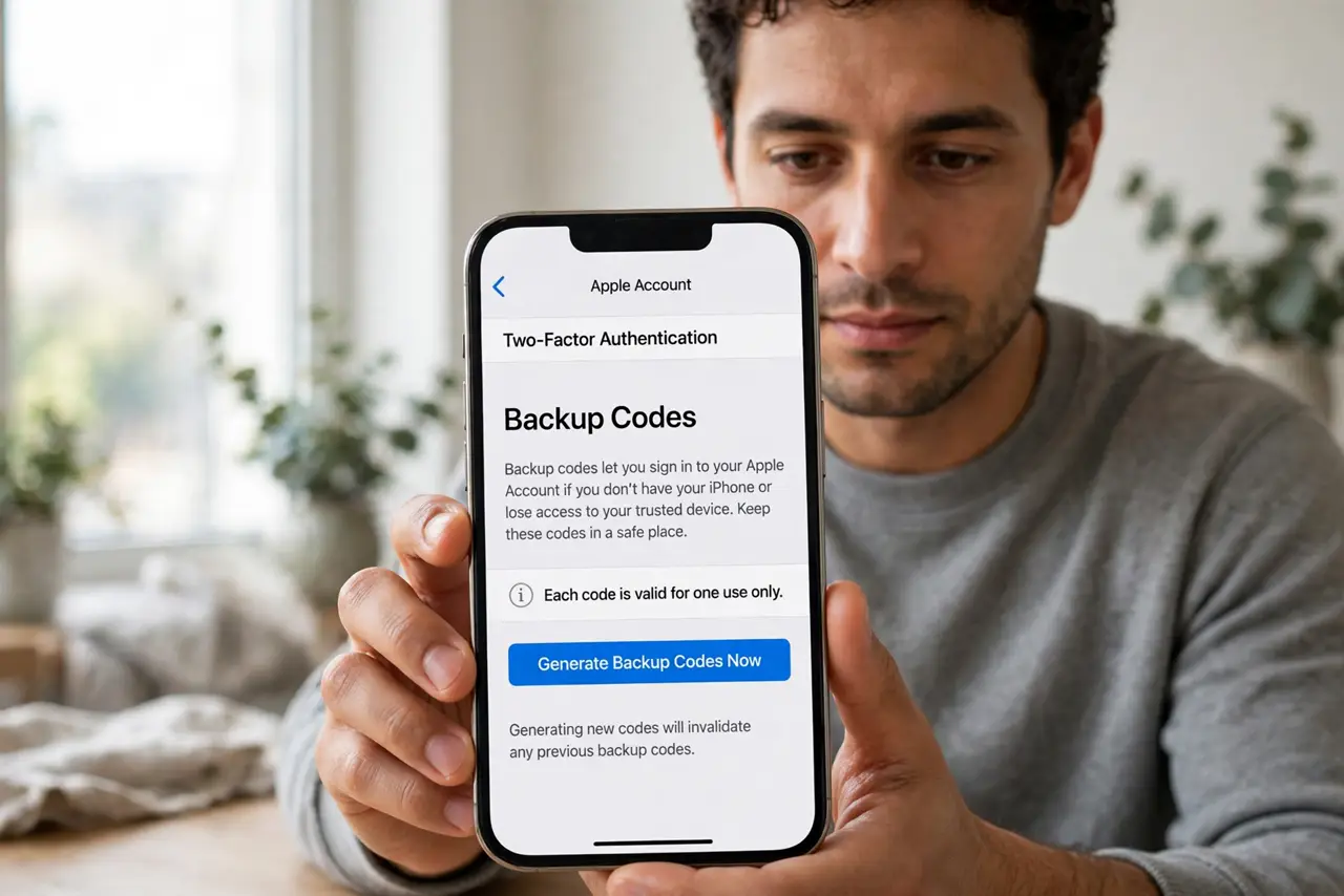 A person calmly performing the guide's first step: Generate backup codes now.