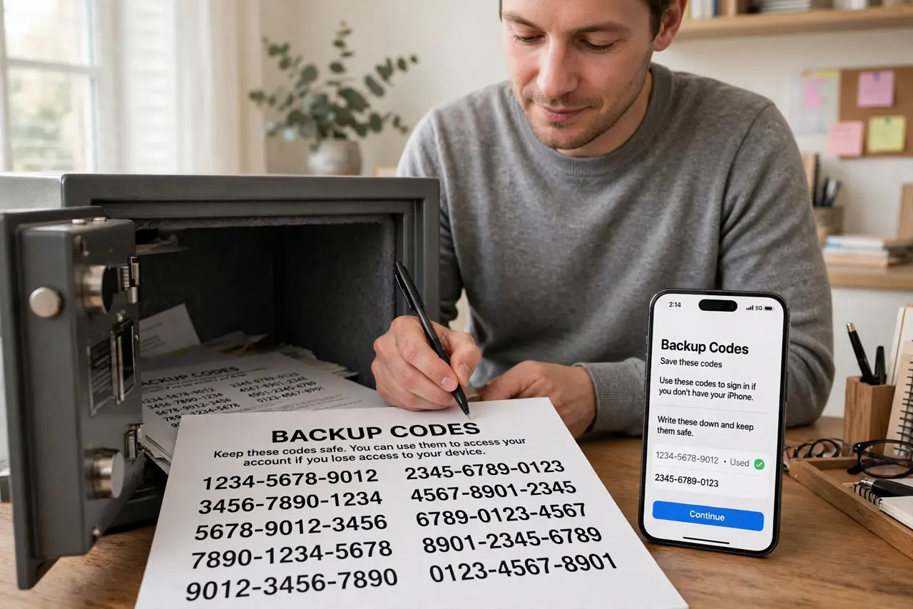 a person writing down printed backup codes on paper stored in a home safe, a new phone beside them being set up, the person's face calm and prepared, bright home office. No black s.