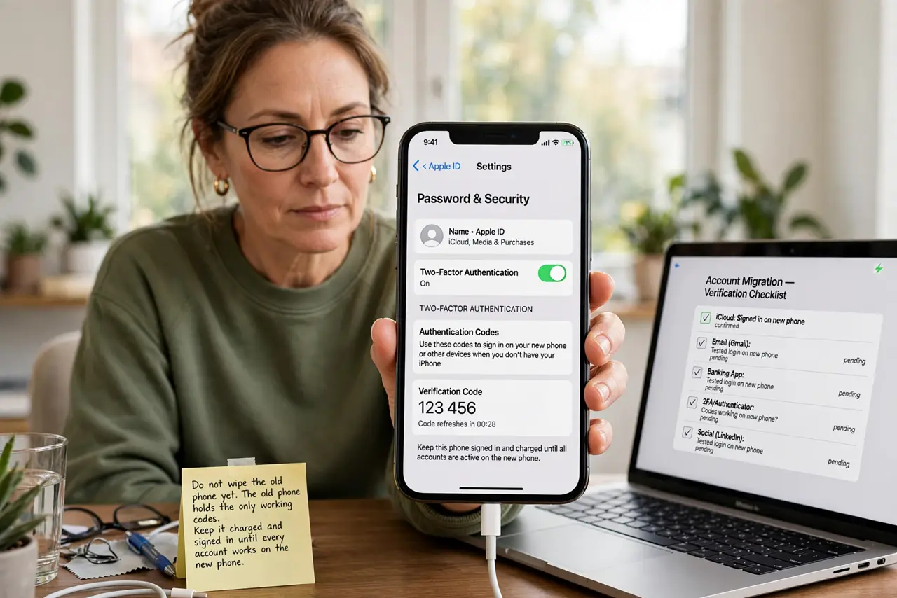A person performing step 1 of the guide: Do not wipe the old phone yet. The old phone holds the only working codes. Keep it charged and signed in until every account works on...