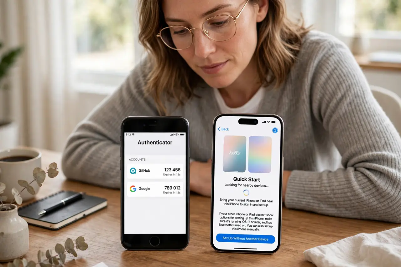 a calm adult at a desk with a real old phone and a real new phone side by side, the old phone showing an authenticator app with legible codes, the new phone showing a setup screen, the person comparing them