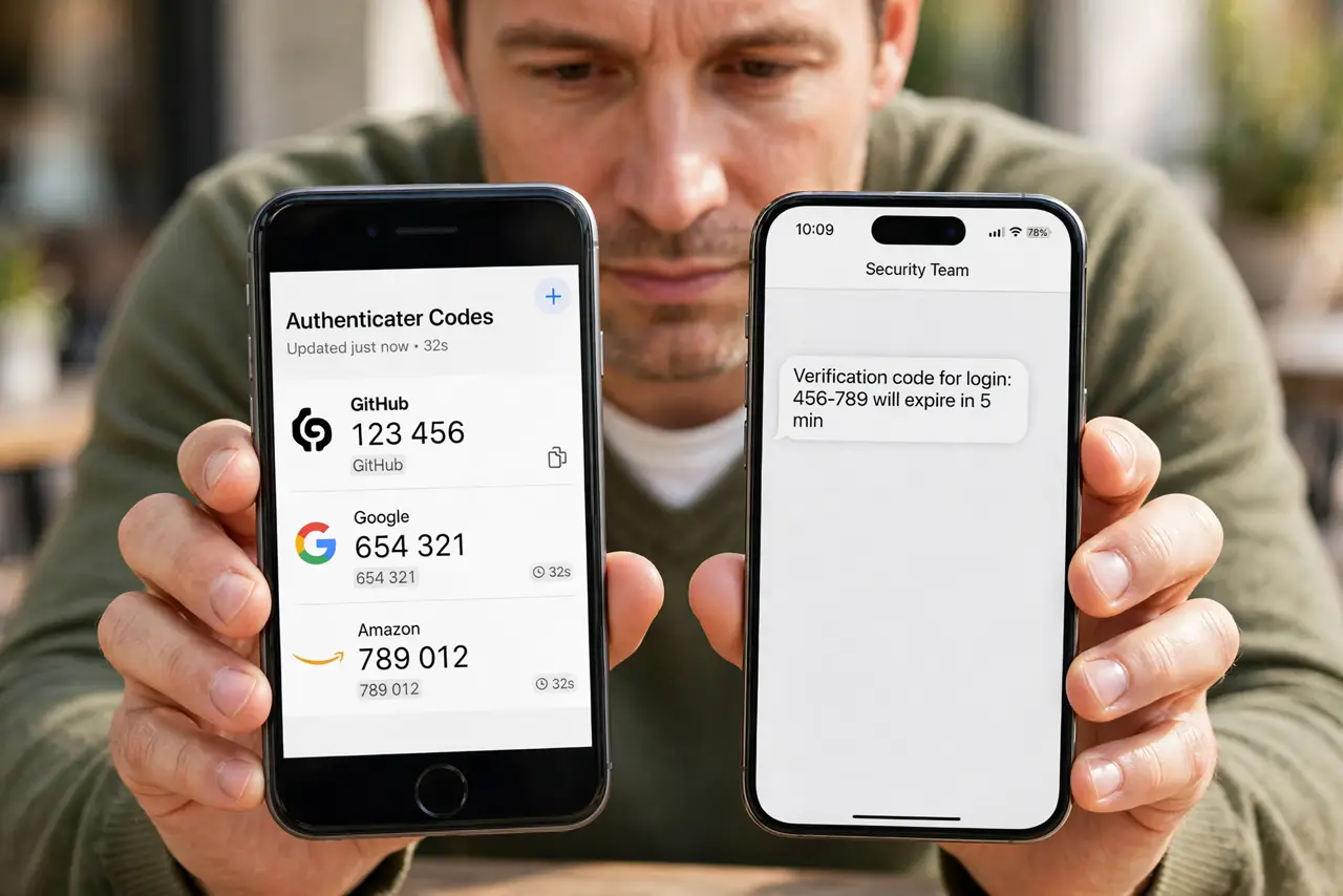 Move Authenticator to a New Phone — a calm adult holding two real phones side by side, the old one showing an authenticator app with codes fully l