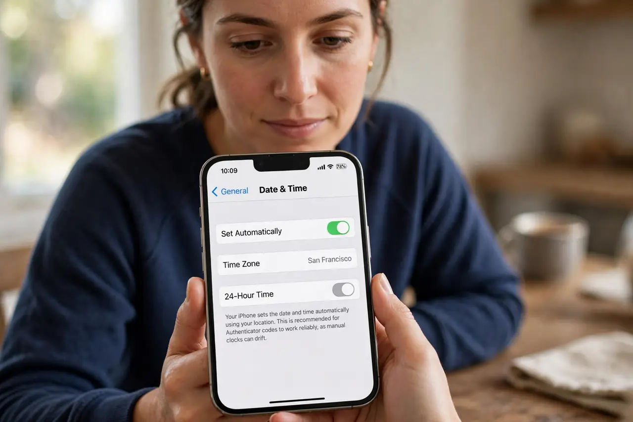 A person performing step 1 of the guide: Turn on automatic date and time. Open the phone's date and time settings and enable Set Automatically. Authenticator codes depend on the...