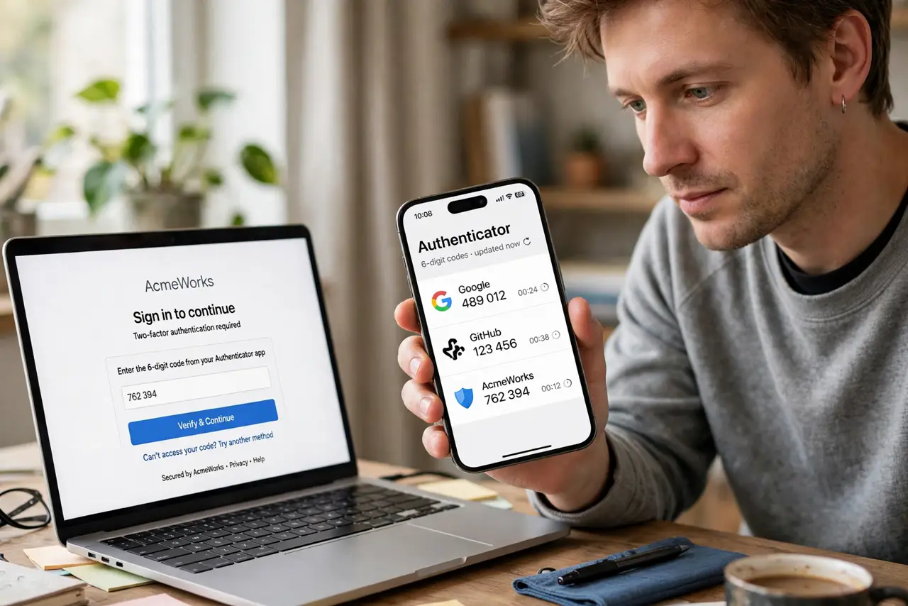 a calm adult holding a real iPhone showing an authenticator app with normal six-digit codes and legible text, a laptop beside it showing a login screen, the person comparing the two