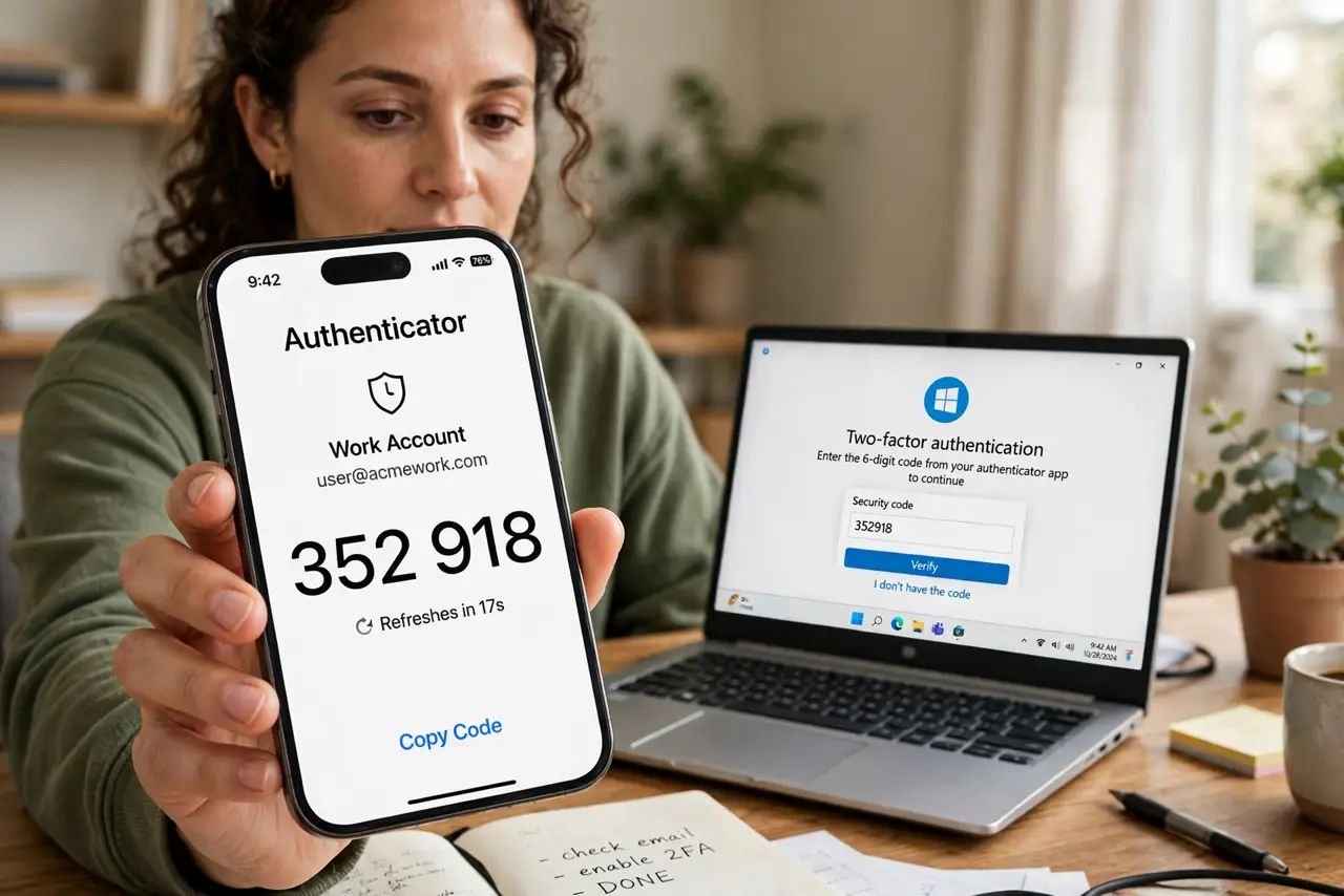 a person holding a real phone showing an authenticator app generating a six-digit code, a laptop beside them showing a login screen asking for the code, the ...