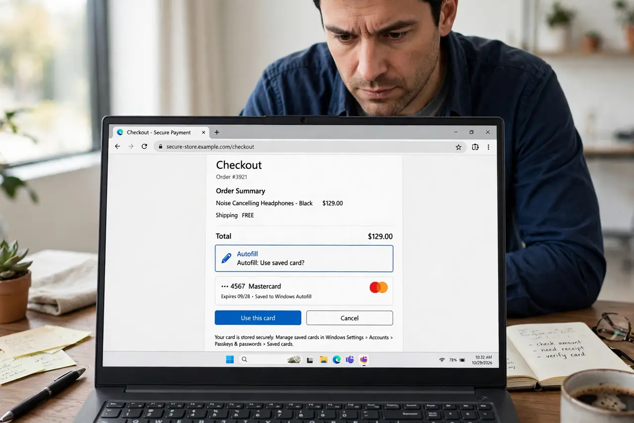 Is Autofilling Credit Cards Safe — a cautious adult at a desk with a real laptop showing a checkout page with a card autofill prompt, the prompt