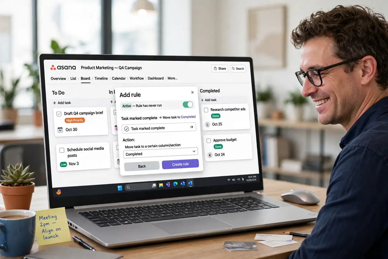 Photoreal photo: a person at a desk with a real laptop showing an Asana project board with legible task cards and a rules dialog open, the person's face pleased, bright office. No black screen, no blank white screen, no fake or garble